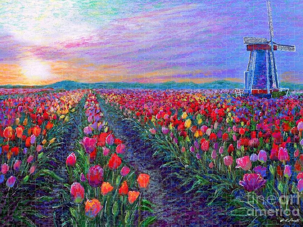 Landscape Puzzle featuring the painting Tulip Fields, What Dreams May Come by Jane Small