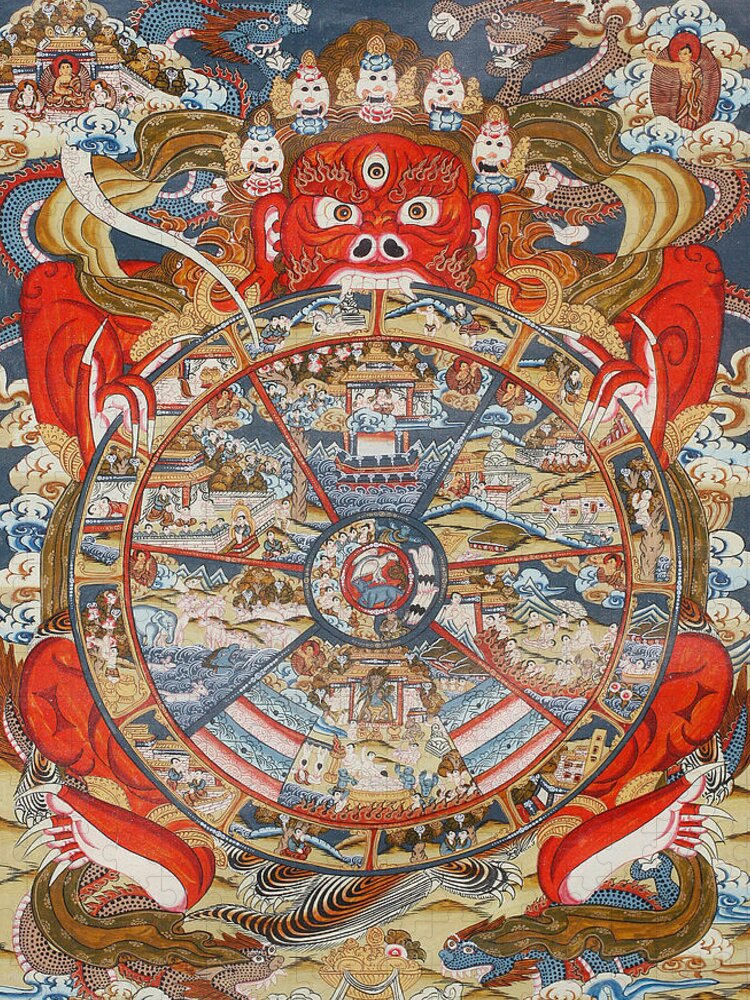 Wheel Of Life Or Wheel Of Samsara Jigsaw Puzzle featuring the painting Wheel of life or wheel of Samsara by Unknown