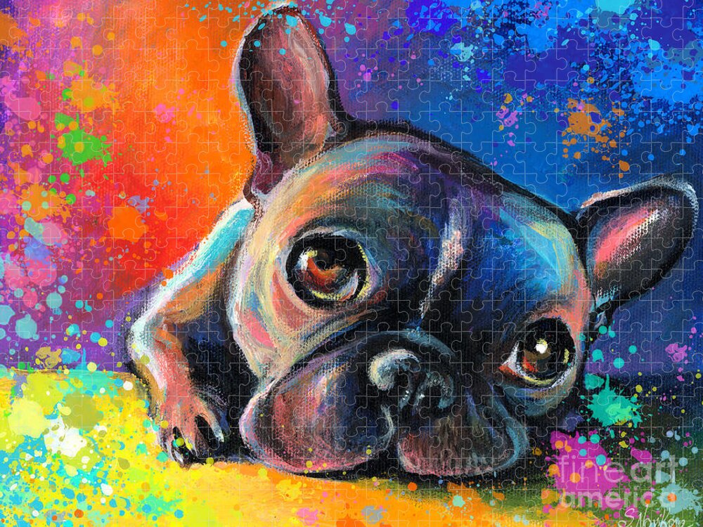 French Bulldog Prints Puzzle featuring the painting Whimsical Colorful French Bulldog by Svetlana Novikova