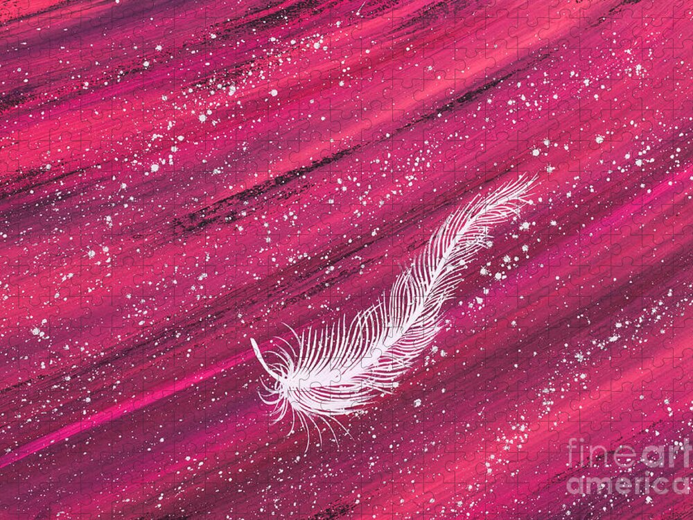 Feather Jigsaw Puzzle featuring the painting White spiritual feather on pink streak by Carolyn Bennett by Simon Bratt