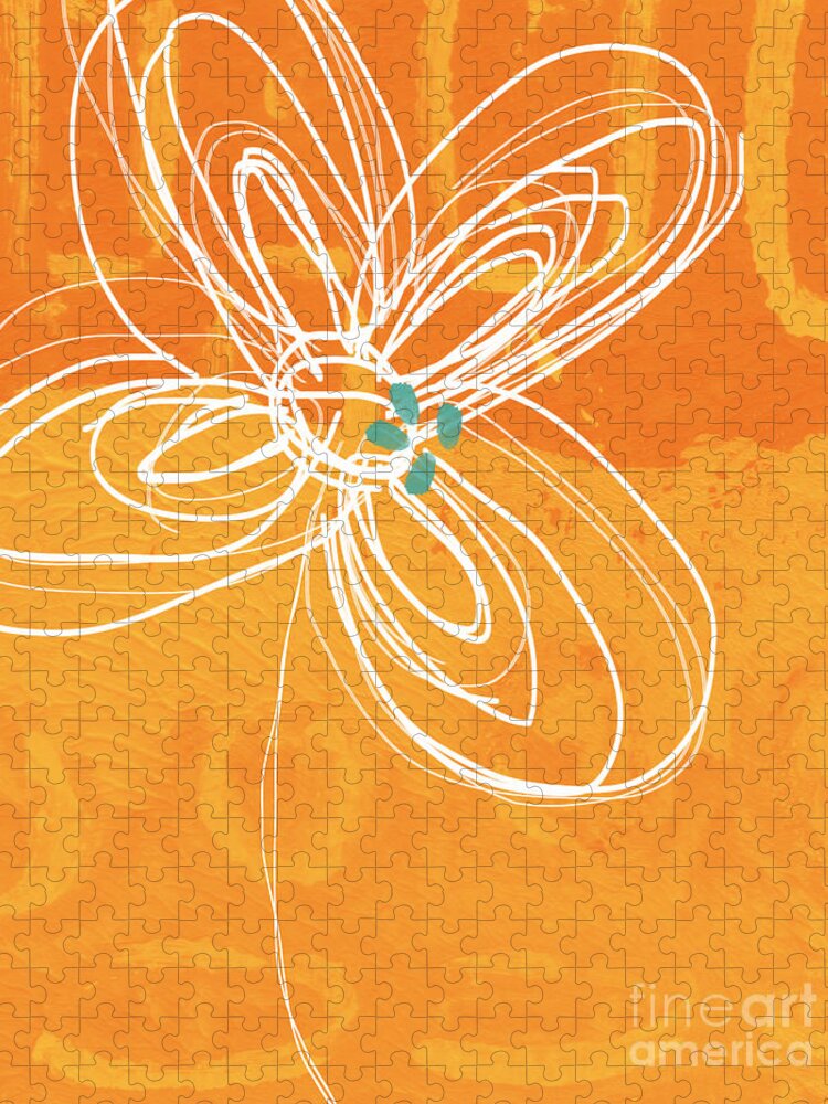 Flower Jigsaw Puzzle featuring the painting White Flower on Orange by Linda Woods