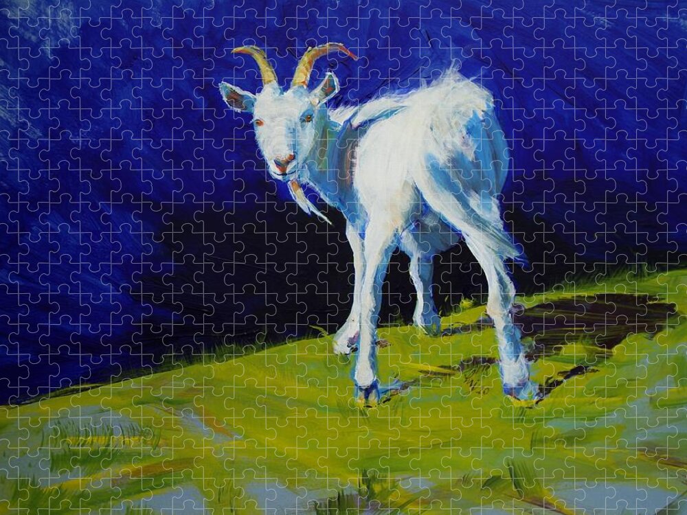 White Jigsaw Puzzle featuring the painting White Goat Painting by Mike Jory
