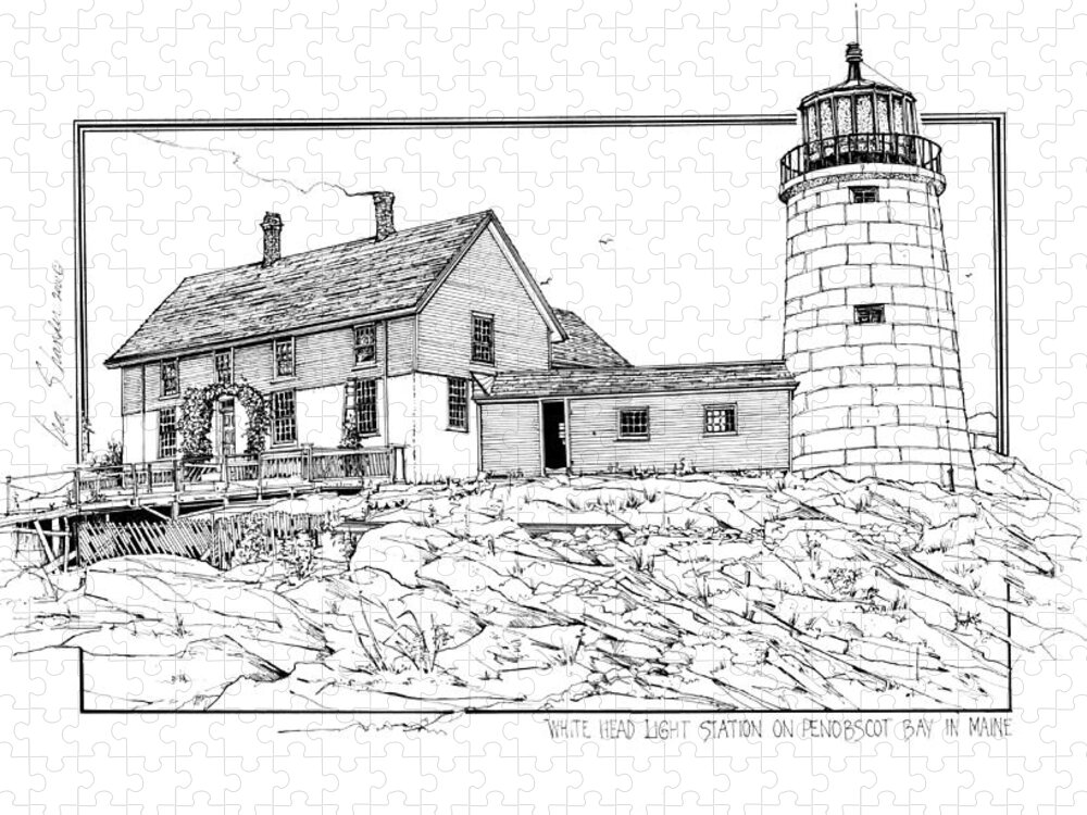 White Head Light Station Jigsaw Puzzle featuring the drawing White Head Light Station Penobscot Maine by Ira Shander