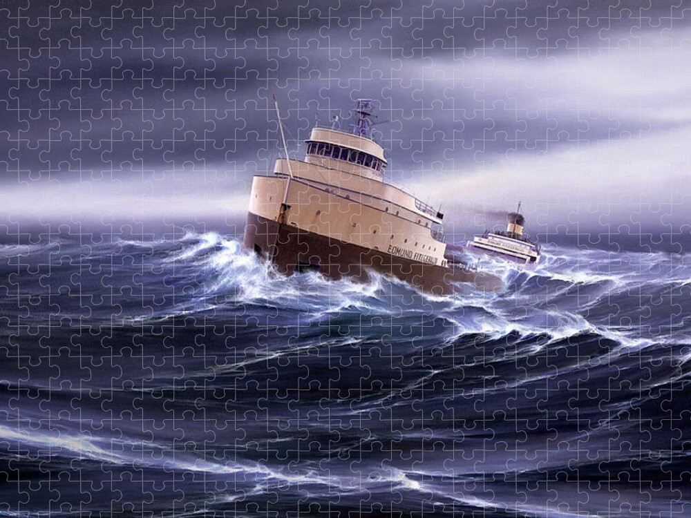 Transportation. Edmund Fitzgerald. Lake Superior. Marine Art. Great Lakes. Lake Superior Shipwrecks. Edmund Fitzgerald Canvas Prints. Captain Bud Robinson. Heavy Weather. Ships In Storms. Freighter Art. Great Lakes Ships. Great Lakes Freighters. Jigsaw Puzzle featuring the painting Wind and Sea Astern by Captain Bud Robinson