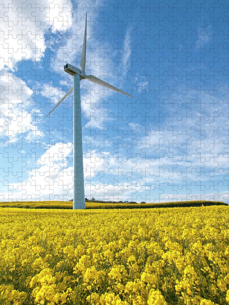 Tranquility Jigsaw Puzzle featuring the photograph Wind Mill On A Yellow Flower Field by Santiago Bañón