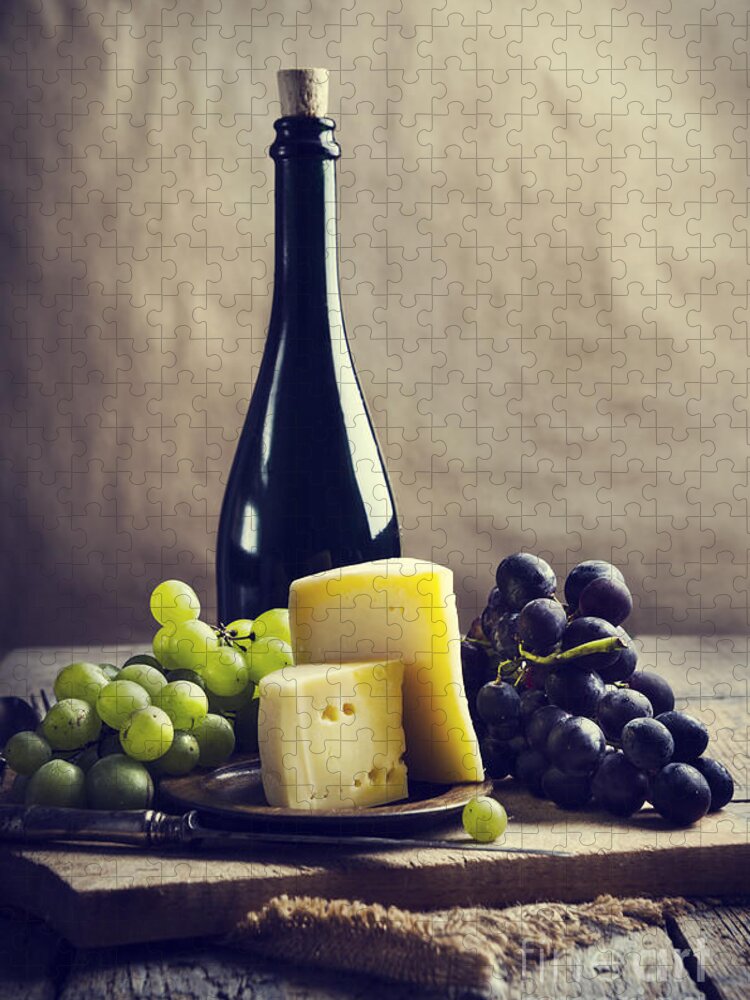 Wine Jigsaw Puzzle featuring the photograph Wine bottle and cheese by Jelena Jovanovic
