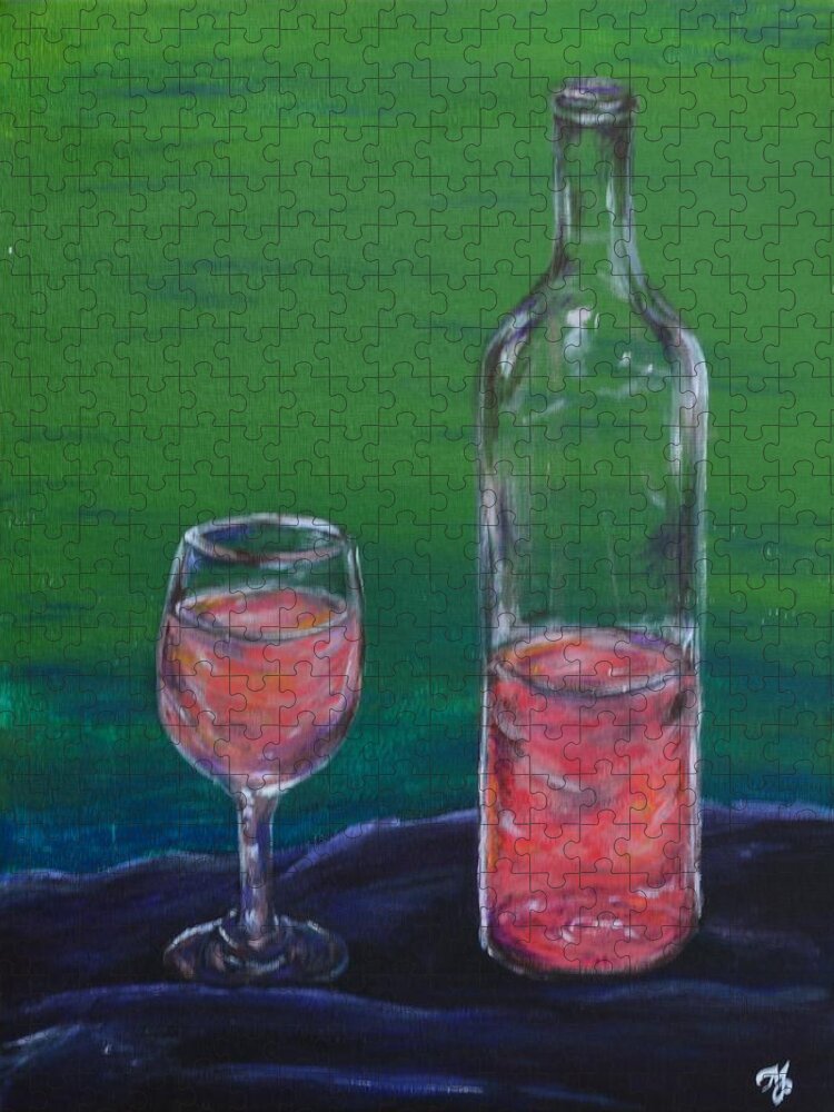 Wine Jigsaw Puzzle featuring the painting Wine Glass And Bottle by Meganne Peck