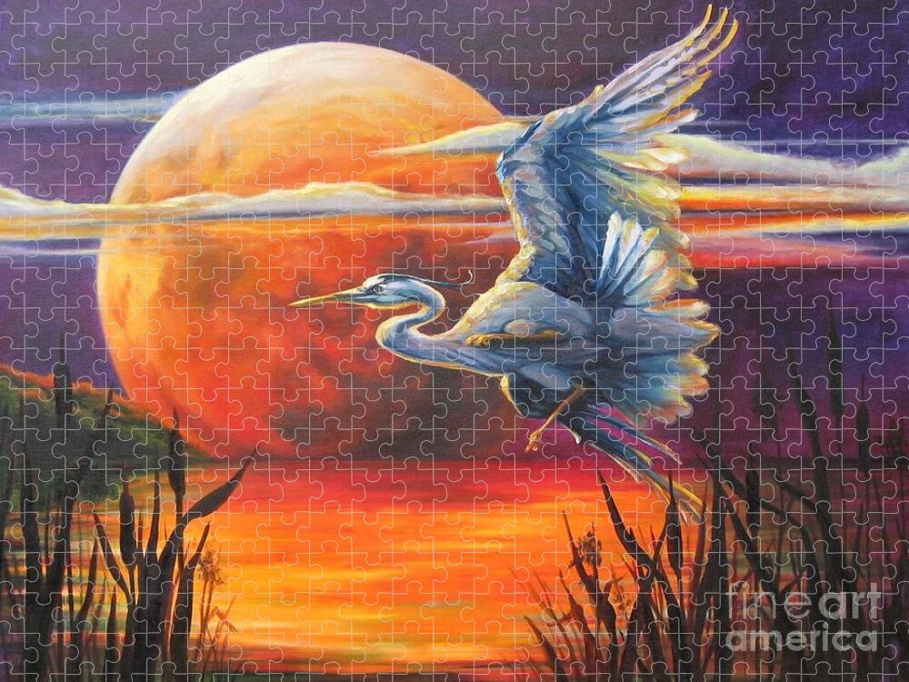 Heron Jigsaw Puzzle featuring the painting Wings Across the Moon by Pat Burns