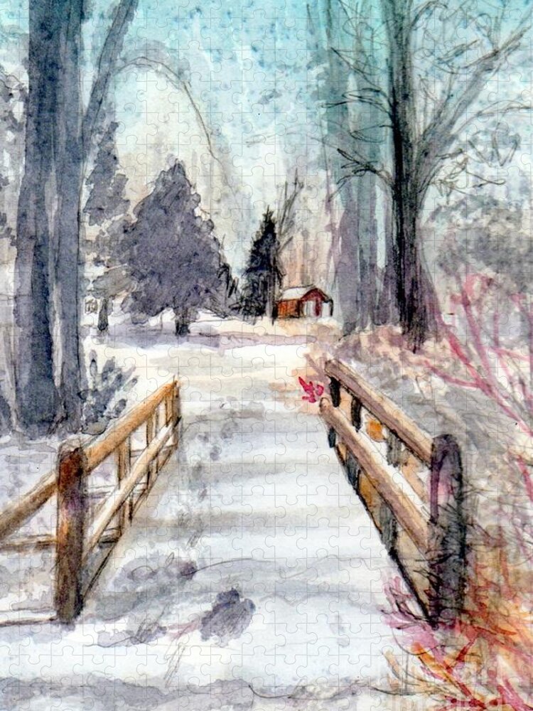 Watercolor Jigsaw Puzzle featuring the painting Winter Bridge by Deb Stroh-Larson