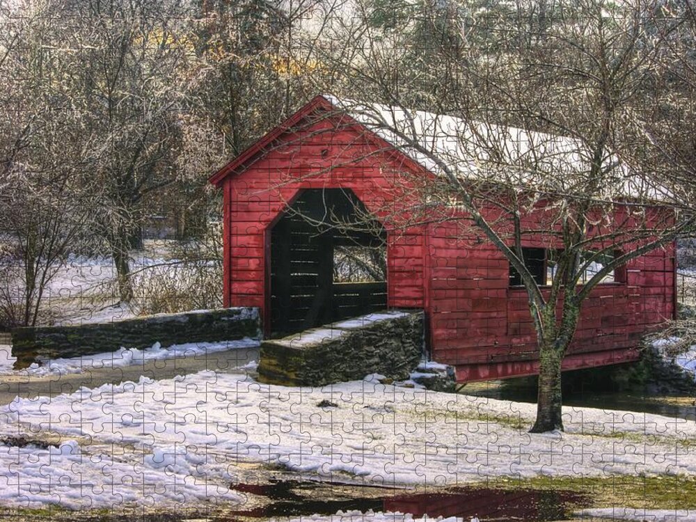 Carroll Creek Covered Bridge Jigsaw Puzzle featuring the photograph Winter Crossing in Elegance - Carroll Creek Covered Bridge - Baker Park Frederick Maryland by Michael Mazaika