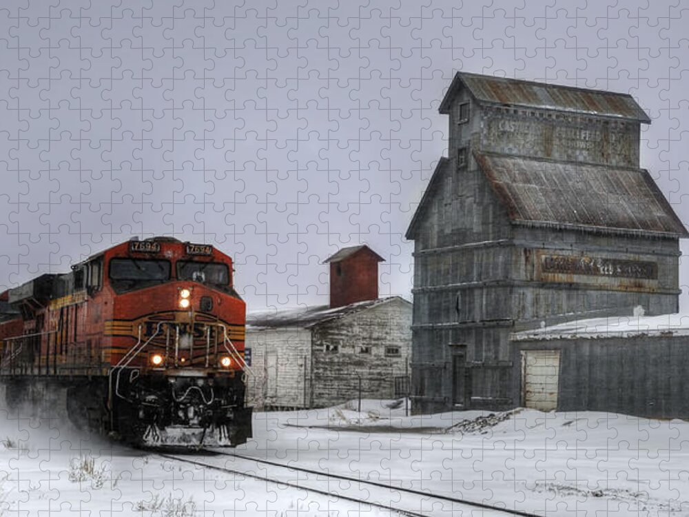 Bnsf Jigsaw Puzzle featuring the photograph Winter Mixed Freight Through Castle Rock by Ken Smith