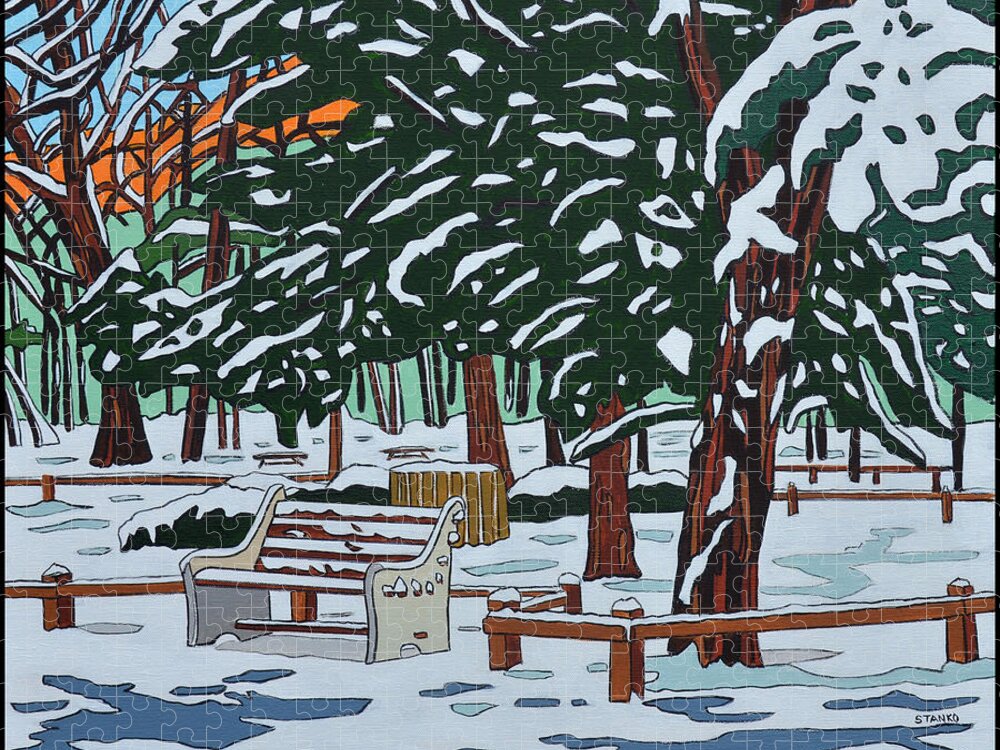 Valley Stream Jigsaw Puzzle featuring the painting Winter on State Park Bench by Mike Stanko