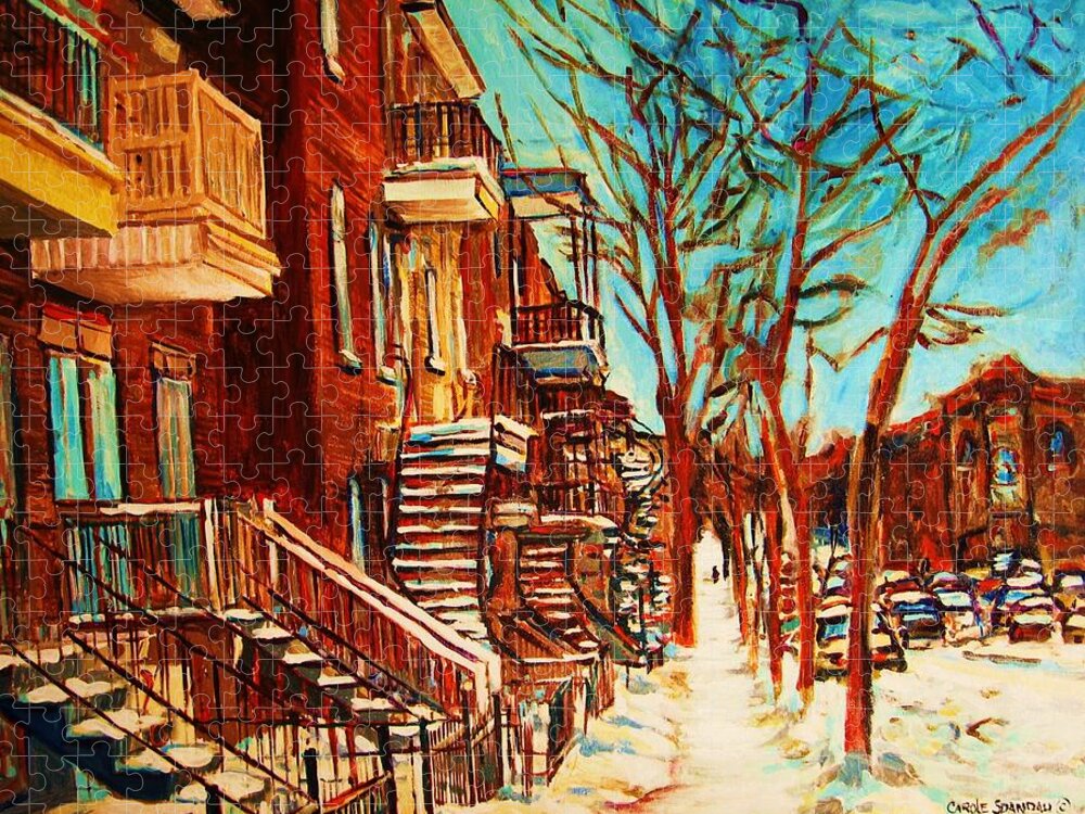 Verdun Paintings By Montreal Street Scene Artist Carole Spandau Puzzle featuring the painting Winter Staircase by Carole Spandau