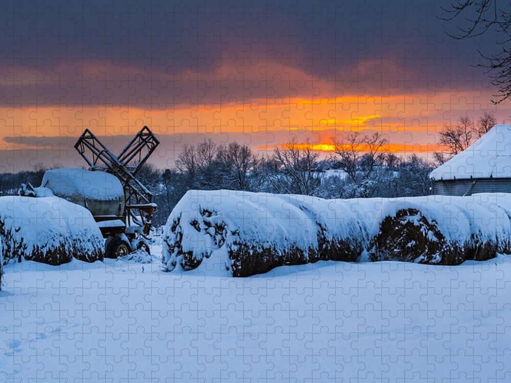 Snow Jigsaw Puzzle featuring the photograph Winter Sunset on the Farm by Holden The Moment