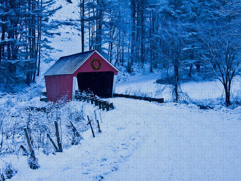Vermont Covered Bridge Jigsaw Puzzle featuring the photograph winter Vermont covered bridge by Jeff Folger