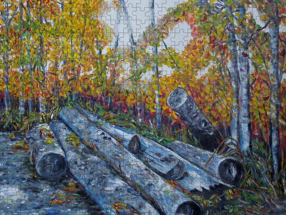 Logs Jigsaw Puzzle featuring the painting Winter's firewood by Marilyn McNish