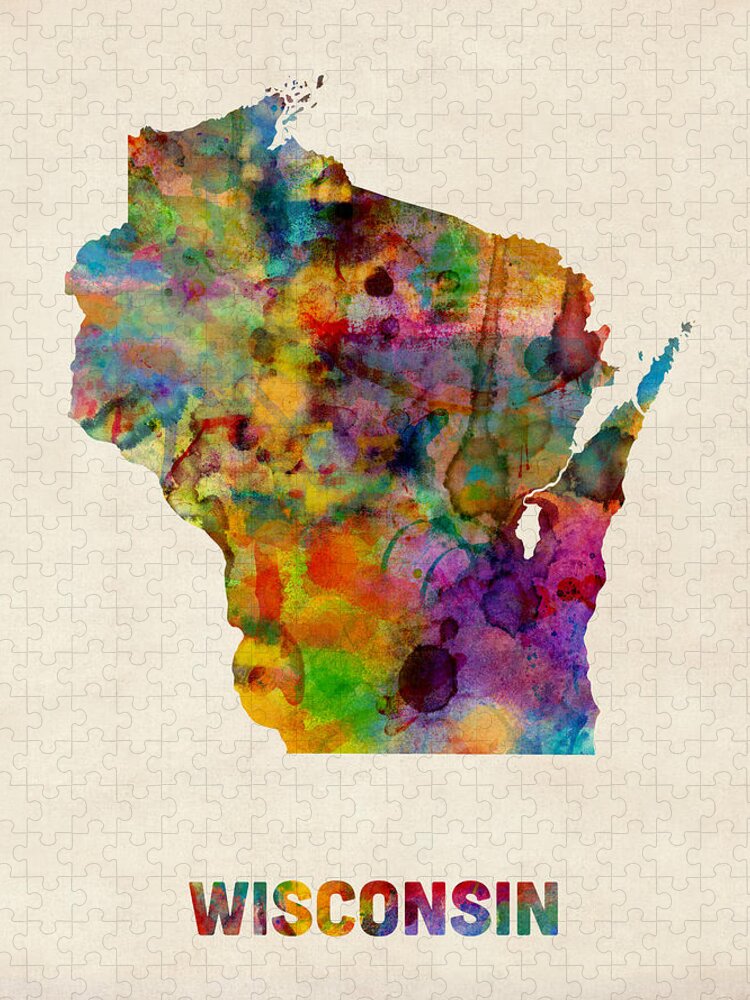 United States Map Puzzle featuring the digital art Wisconsin Watercolor Map by Michael Tompsett