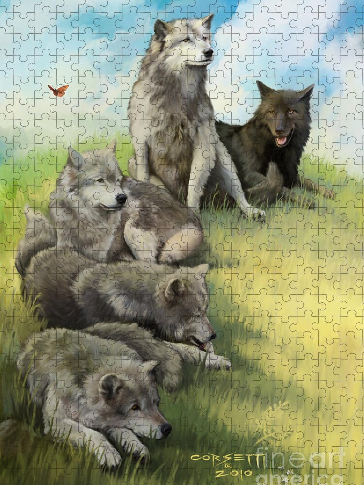 Quit Jigsaw Puzzle featuring the painting Wolf Gathering lazy by Robert Corsetti