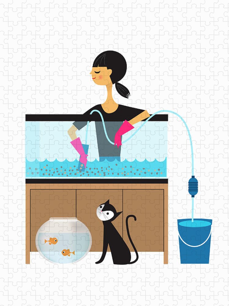 Woman Cleaning Out Fish Tank Jigsaw Puzzle by Ikon Ikon Images