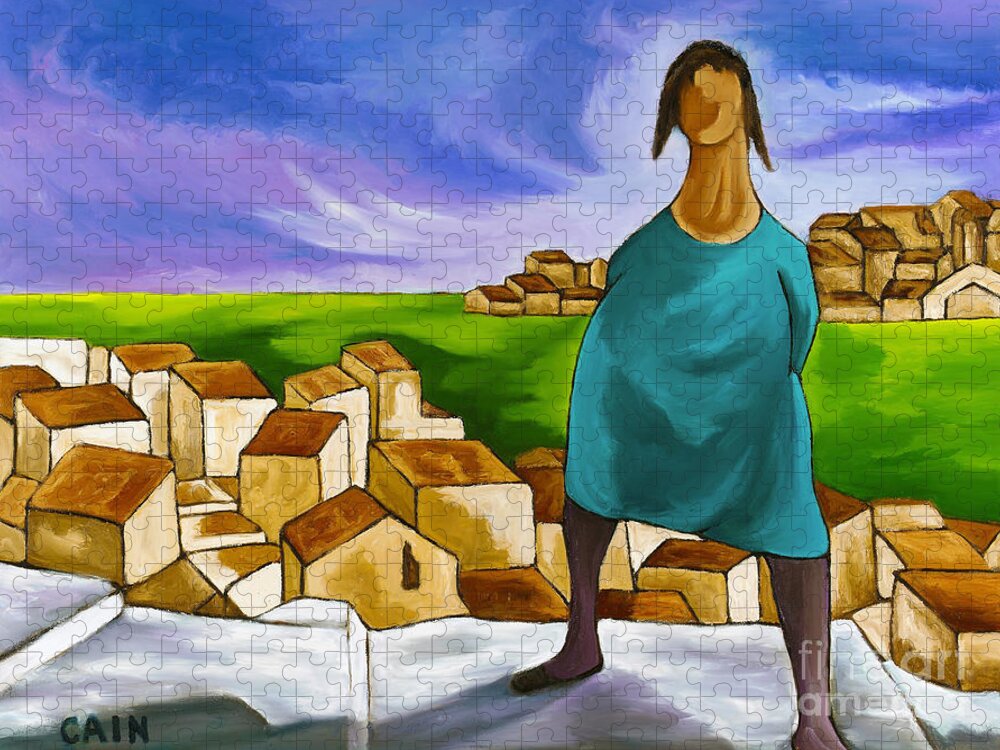 Mediterranean Woman Jigsaw Puzzle featuring the painting Woman On Village Steps by William Cain