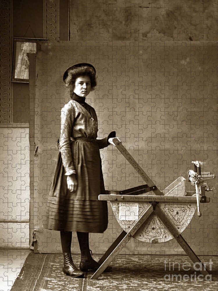 Woman Jigsaw Puzzle featuring the photograph Woman with a Pedigo Perfection Washing Machine circa 1900 by Monterey County Historical Society