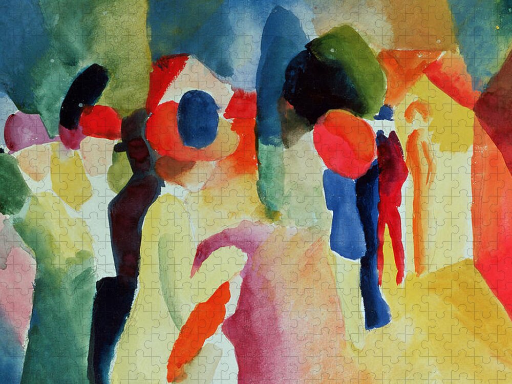 Macke Jigsaw Puzzle featuring the painting Woman With A Yellow Jacket by August Macke