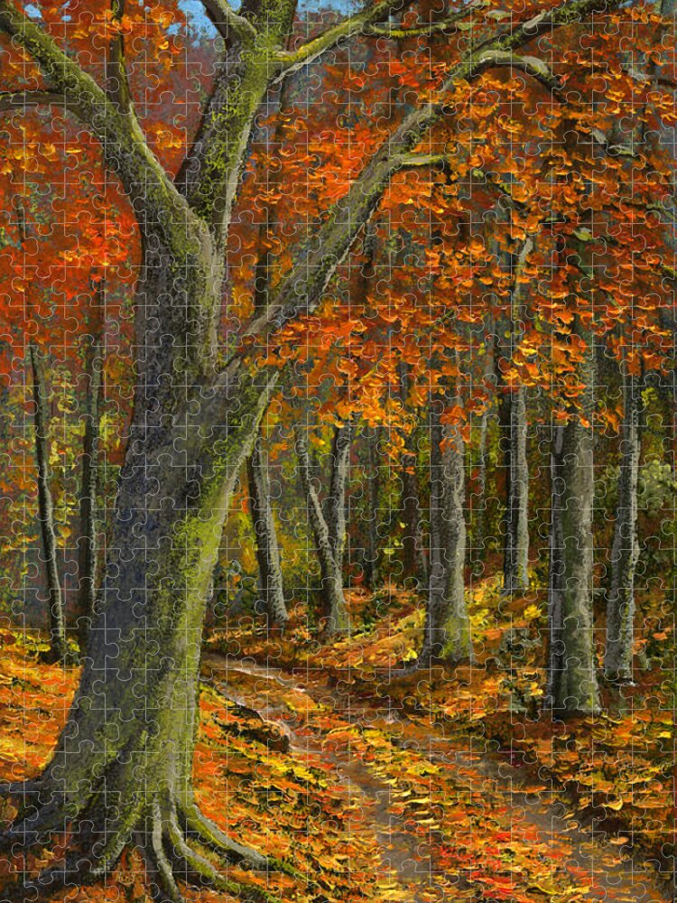 Wooded Road Jigsaw Puzzle featuring the painting Wooded Road by Frank Wilson