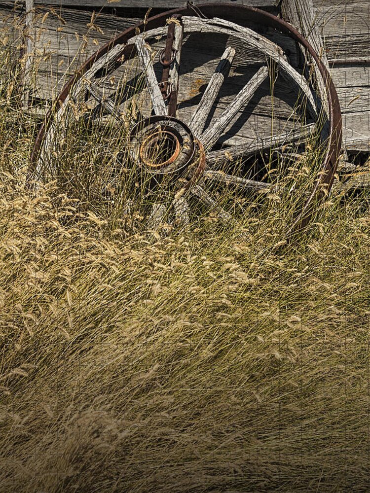 Art Jigsaw Puzzle featuring the photograph Wooden Wheel of a Broken Farm Wagon by Randall Nyhof