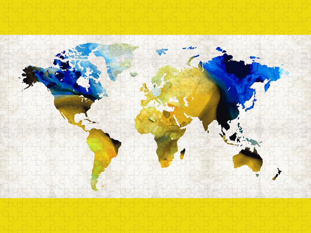 World Map Jigsaw Puzzle featuring the painting World Map 16 - Yellow And Blue Art By Sharon Cummings by Sharon Cummings