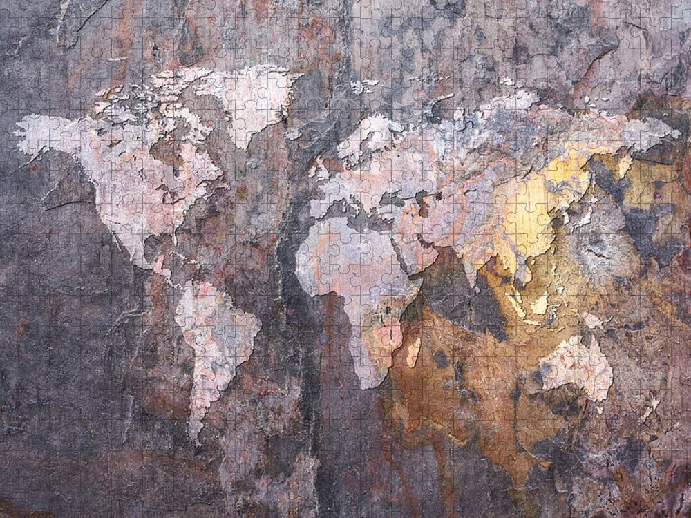 World Map Jigsaw Puzzle featuring the digital art World Map on Stone Background by Michael Tompsett