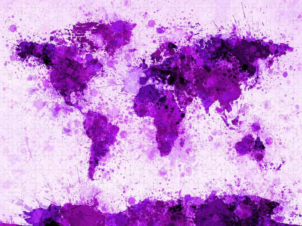 Map Of The World Jigsaw Puzzle featuring the digital art World Map Paint Splashes Purple by Michael Tompsett