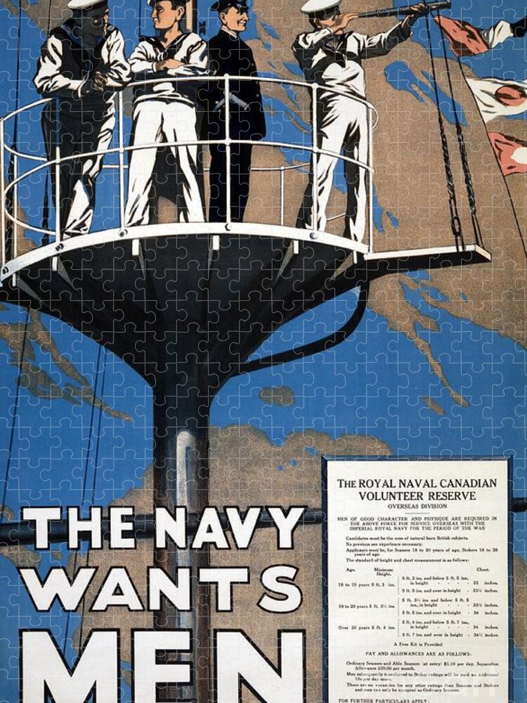 World; War; 1914-1918; Canadian; Recruitment; Poster; Royal; Canadian; Navy; 1915; Navy; Wants; Men; Art; Lithograph Jigsaw Puzzle featuring the drawing World War I 1914 1918 Canadian recruitment poster for the Royal Canadian Navy by Canadian School