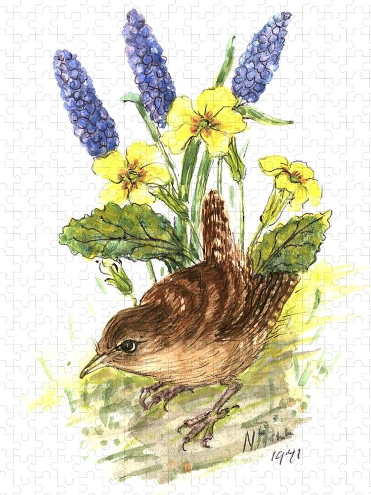 Bird Jigsaw Puzzle featuring the painting Wren In Primroses by Nell Hill