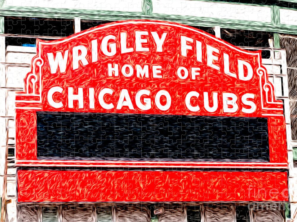 America Jigsaw Puzzle featuring the photograph Wrigley Field Chicago Cubs Sign Digital Painting by Paul Velgos