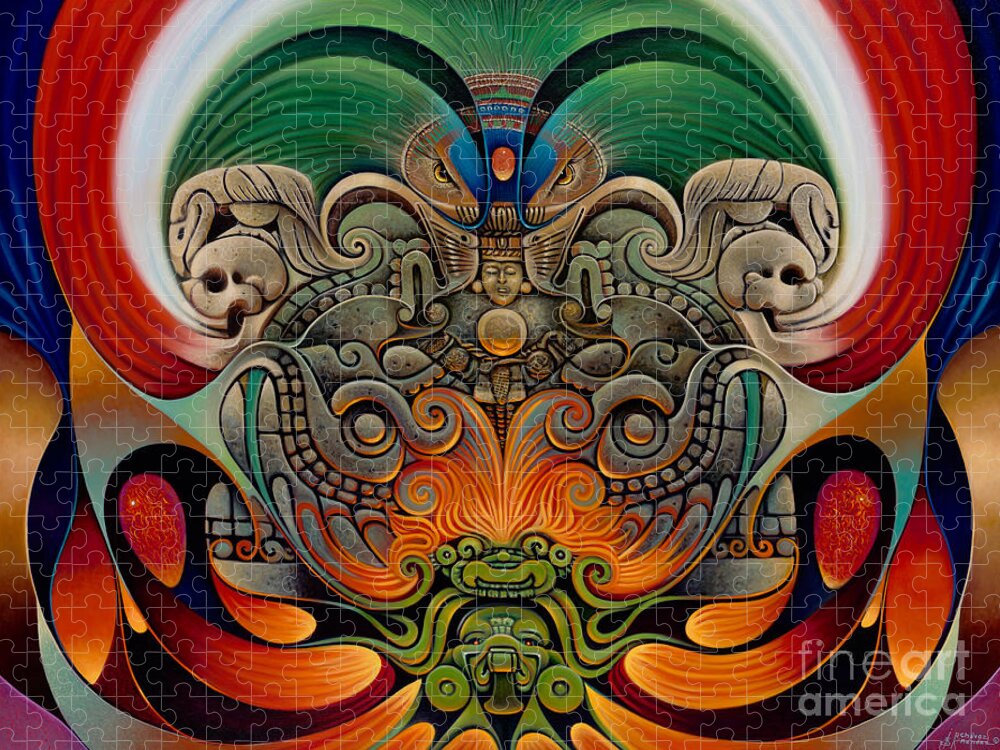 Aztec Jigsaw Puzzle featuring the painting Xiuhcoatl The Fire Serpent by Ricardo Chavez-Mendez