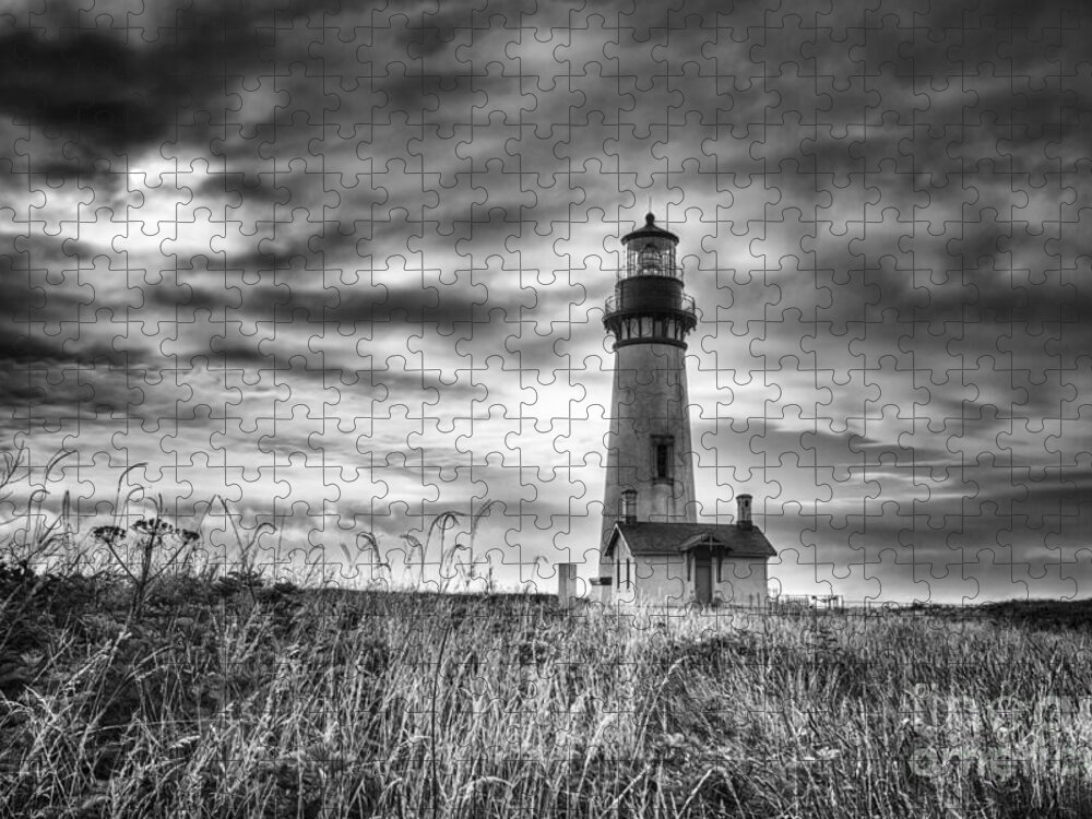 Oregon Jigsaw Puzzle featuring the photograph Yaquina Head Lighthouse Black and White by Mark Kiver