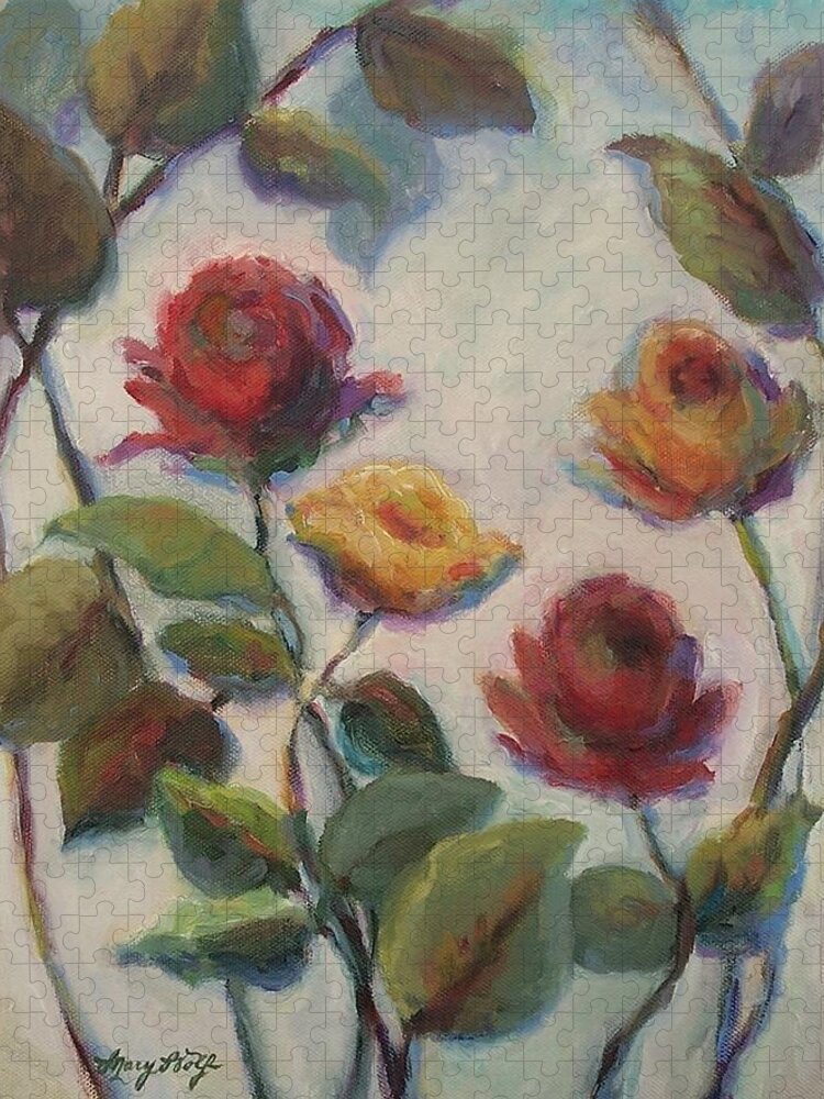 Impressionist Floral Jigsaw Puzzle featuring the painting Yellow and Red Roses by Mary Wolf