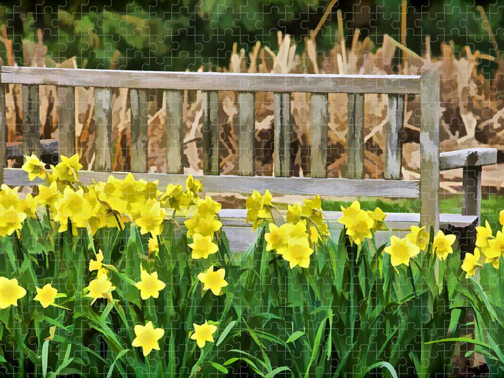 Art Jigsaw Puzzle featuring the photograph Yellow Flowers by the Weathered Bench by David Letts