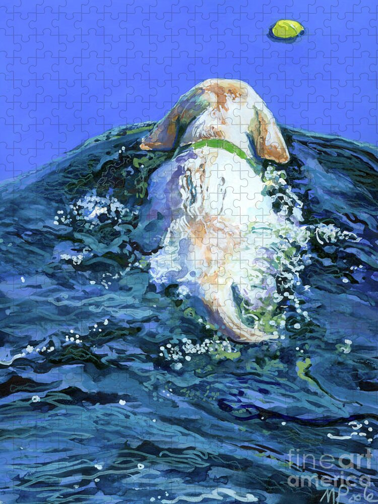 Yellow Labrador Retriever Jigsaw Puzzle featuring the painting Yellow Lab Blue Wake by Molly Poole
