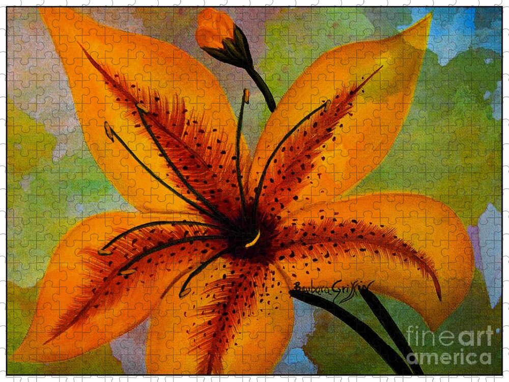 Yellow Lily On Watercolor Background Jigsaw Puzzle featuring the photograph Yellow Lily on Watercolor Background by Barbara A Griffin