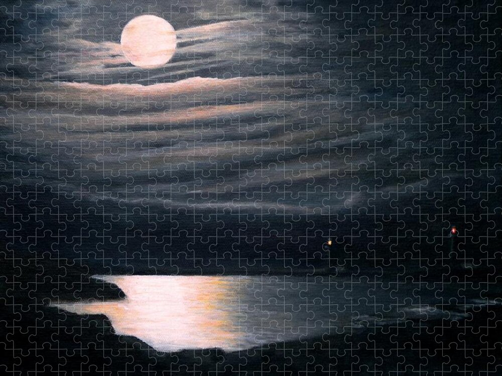 Moon Jigsaw Puzzle featuring the painting Yellow Moon On The Rise by Eileen Patten Oliver