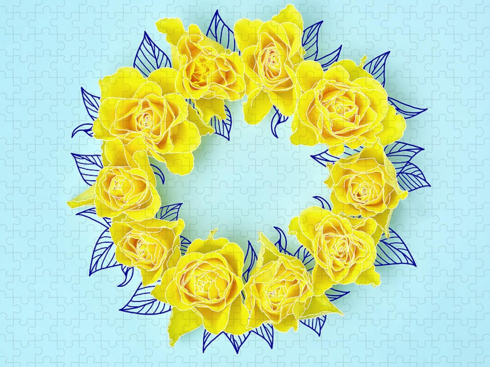 Sparse Jigsaw Puzzle featuring the photograph Yellow Roses In A Circle With Drawings by Juj Winn