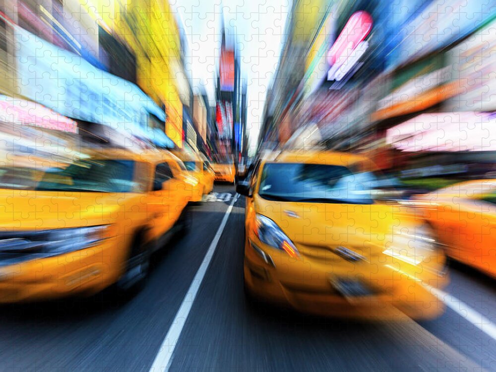 Blurred Motion Jigsaw Puzzle featuring the photograph Yellow Taxis Cabs, Times Square, New by Fred Froese