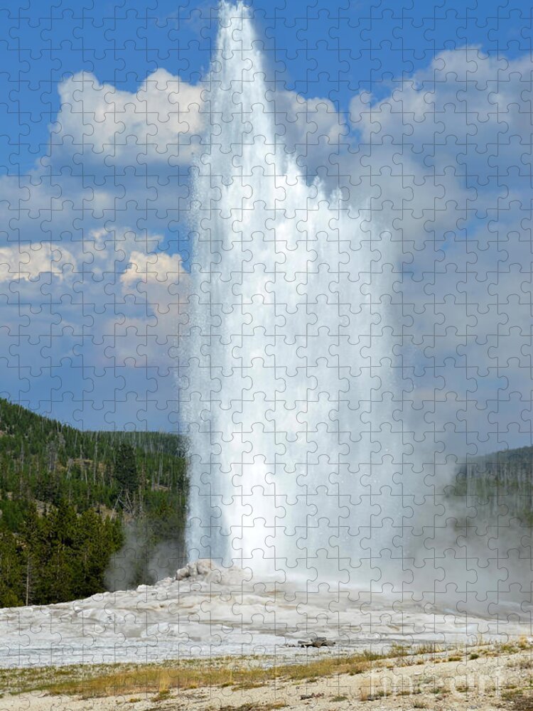 Yellowstone National Park Jigsaw Puzzle featuring the photograph Yellowstone Old Faithful Geyser Errupting by Debra Thompson