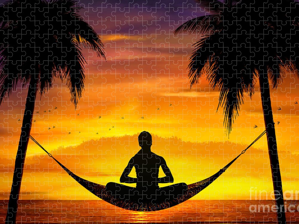 Yoga Jigsaw Puzzle featuring the digital art Yoga At Sunset by Peter Awax
