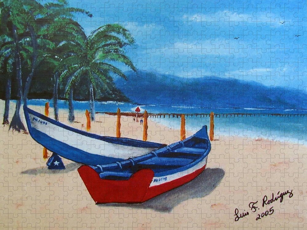 Yolas Jigsaw Puzzle featuring the painting Yolas At Crashboat Beach by Luis F Rodriguez