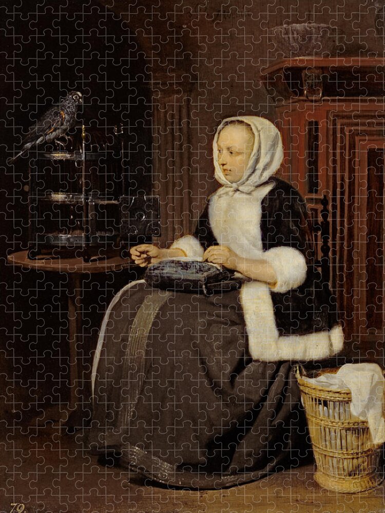 Parrot Jigsaw Puzzle featuring the photograph Young Girl At Work by Gabriel Metsu