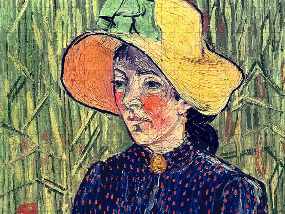 Poppy; Background; Apron; Brooch; Cameo; Portrait; Post-impressionist; Post-impressionism Jigsaw Puzzle featuring the painting Young Peasant Girl in a Straw Hat sitting in front of a wheatfield by Vincent van Gogh