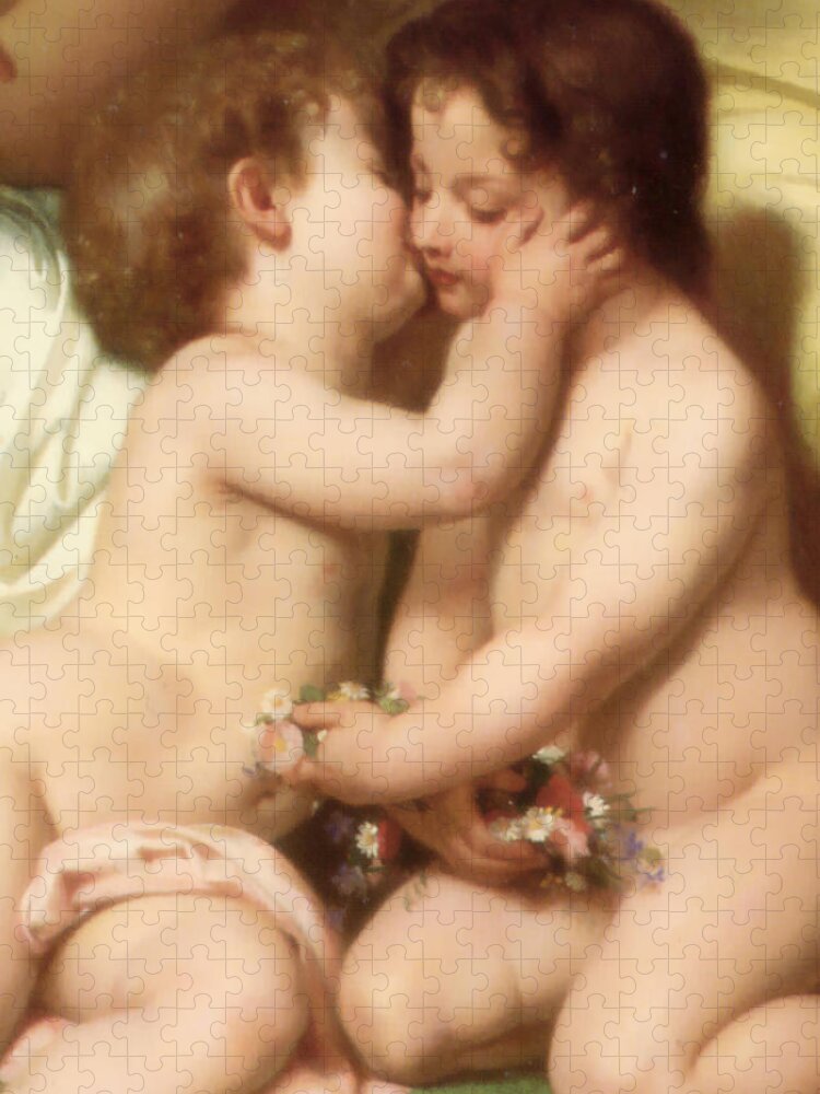 William Bouguereau Jigsaw Puzzle featuring the digital art Young woman contemplating two embracing children Detail II by William Bouguereau