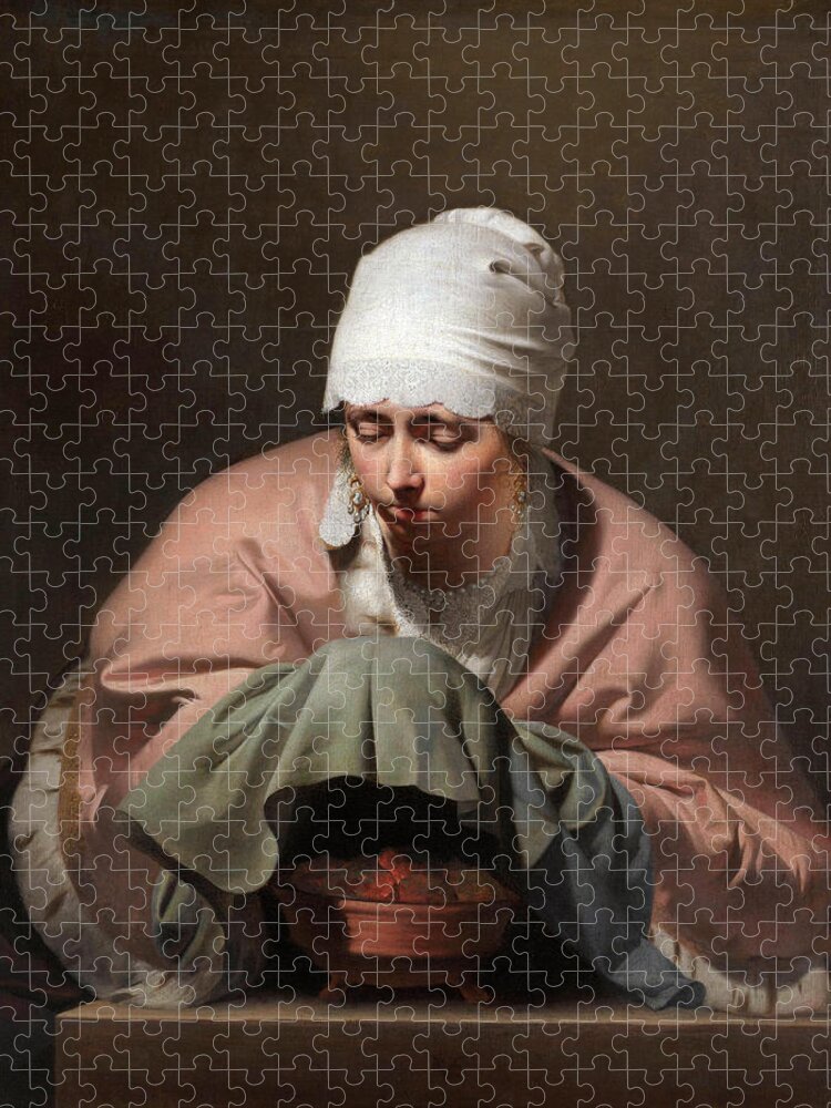 Caesar Van Everdingen Jigsaw Puzzle featuring the painting Young Woman Warming her Hands over a Brazier by Caesar van Everdingen